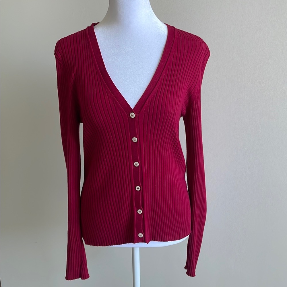 A.P.C and Katie Holmes collaboration Red Ribbed V-Neck Button Cardigan Sweater